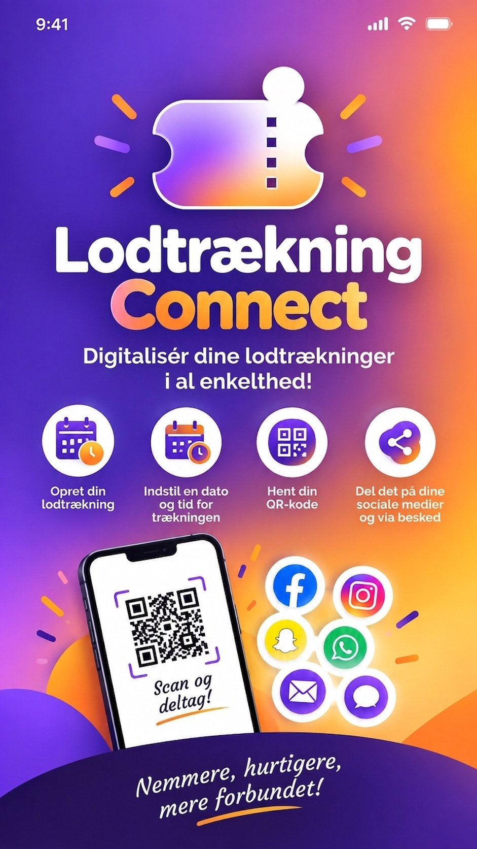 Lodtrækning Connect i tre trin: opret, generer QR-koden, del og træk