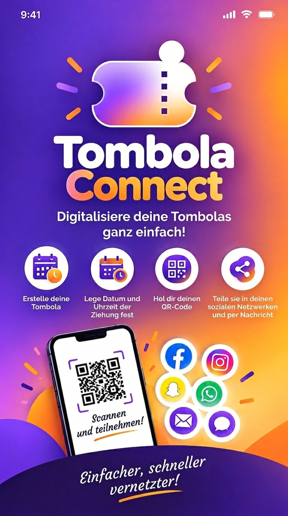 Tombola Connect in drei Schritten: erstellen, QR-Code generieren, teilen und ziehen