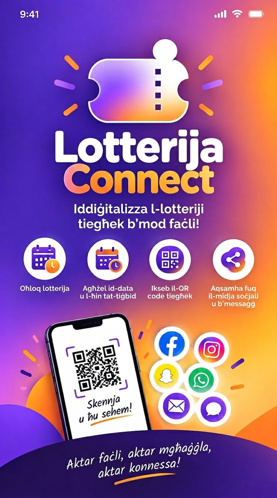 Lotterija Connect fi tliet passi: oħloq, iġġenera l-kodiċi QR, aqsam u iġbed