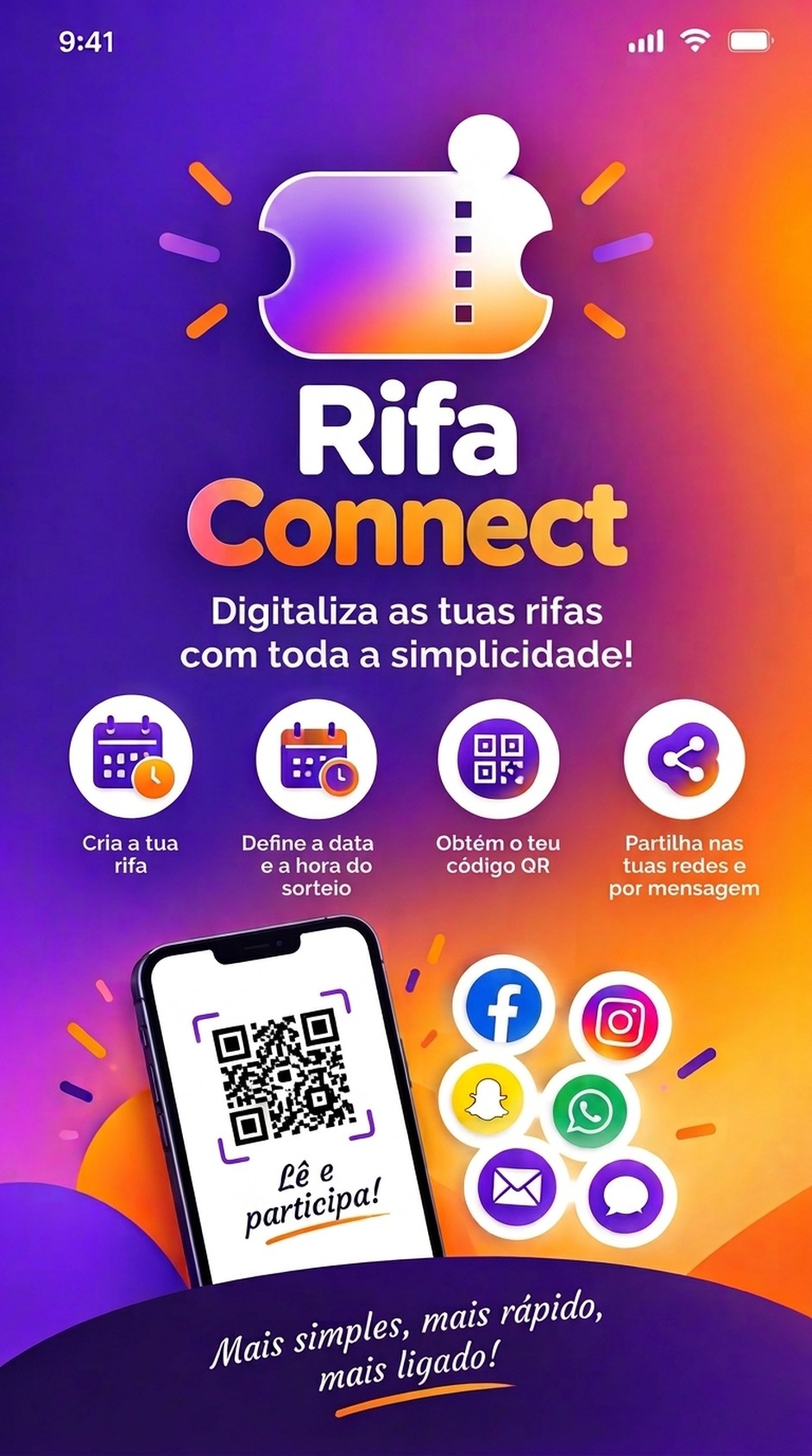 A Rifa Connect em três passos: criar, gerar o código QR, partilhar e sortear