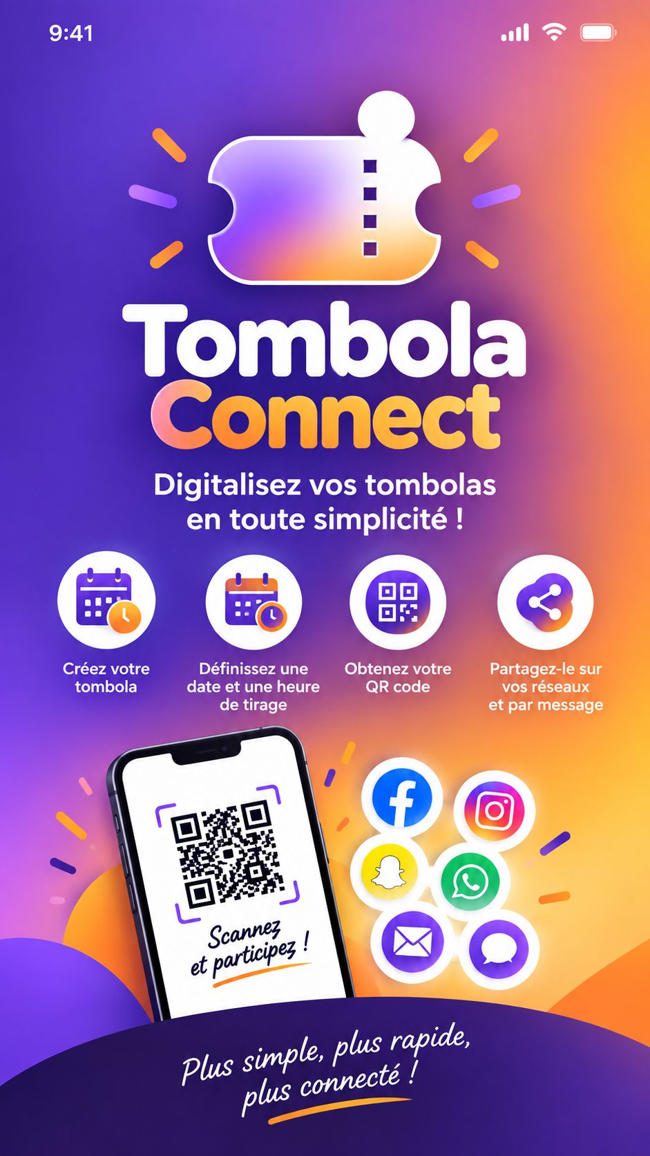 Étapes Tombola Connect : créez, générez le QR code, partagez et tirez au sort